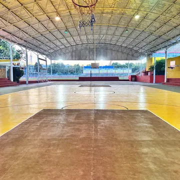 La cancha vista desde debajo de un tablero: la duela amarilla, la zona pintada y el techo metálico en arco con sus lámparas.